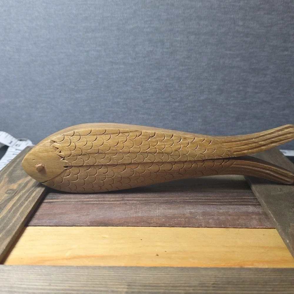 VTG Hand Carved Solid Wood Fish Shape Double Nut Cracker 8